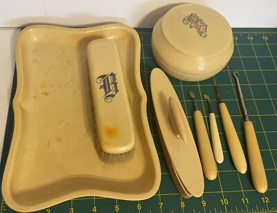 10-Pc Vtg French Ivory Celluloid Vanity Dresser Set Button Hook Brush Powder Box