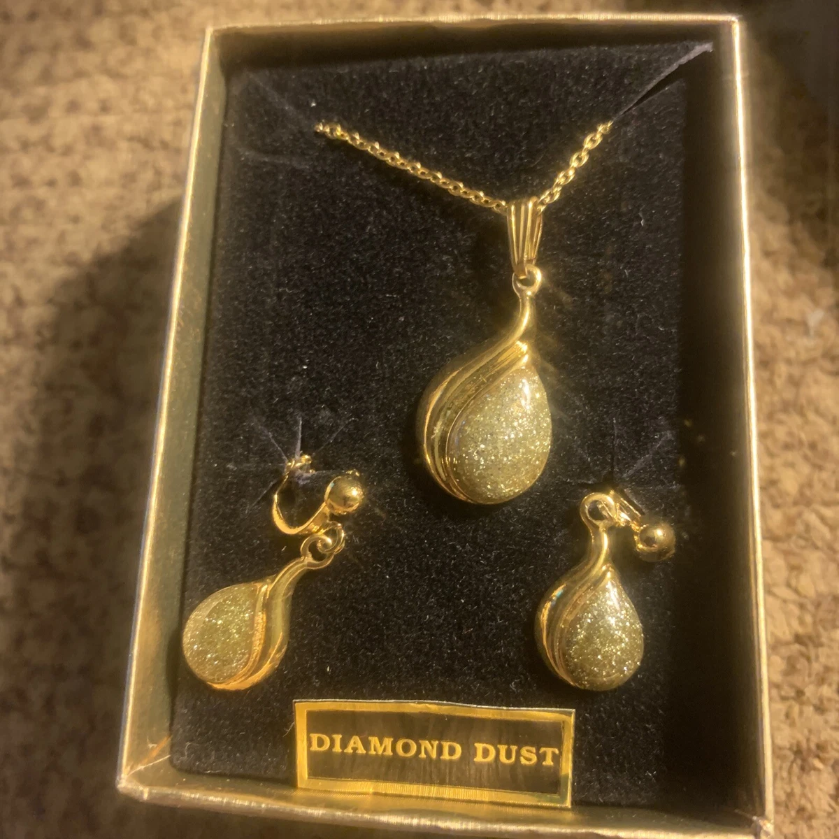 Vintage Diamond Dust Necklace Clip On Earrings Jewelry Set Ronte