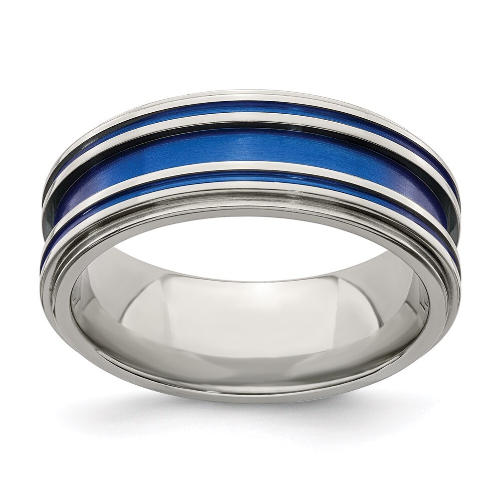 Titanium with Blue Anodized Grooves 8mm Band Ring Size 12 for Men 4.4gm