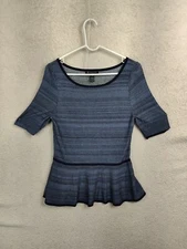 INC International Concepts Women Top Large Blue Striped Rayon Blend Short Sleeve