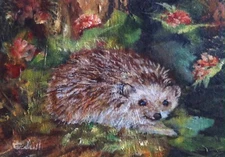 L Cahill Forest Hedgehog Original Acrylic Painting Garden Leaves Flowers Tree