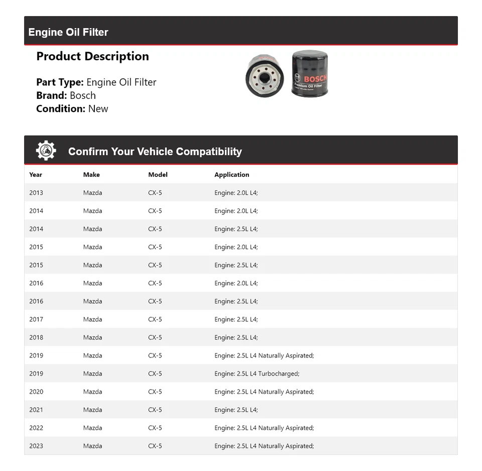 Filtro de óleo Bosch Premium 2014 2015 2016 2017 2018 2019 para 2013-2023 Mazda CX-5 - Imagem 2 de 3