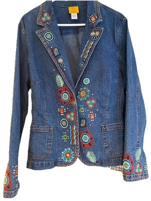 Ruby Rd. Embroidered Cotton Blend Denim Jacket Floral  Size 18 Jean Pockets