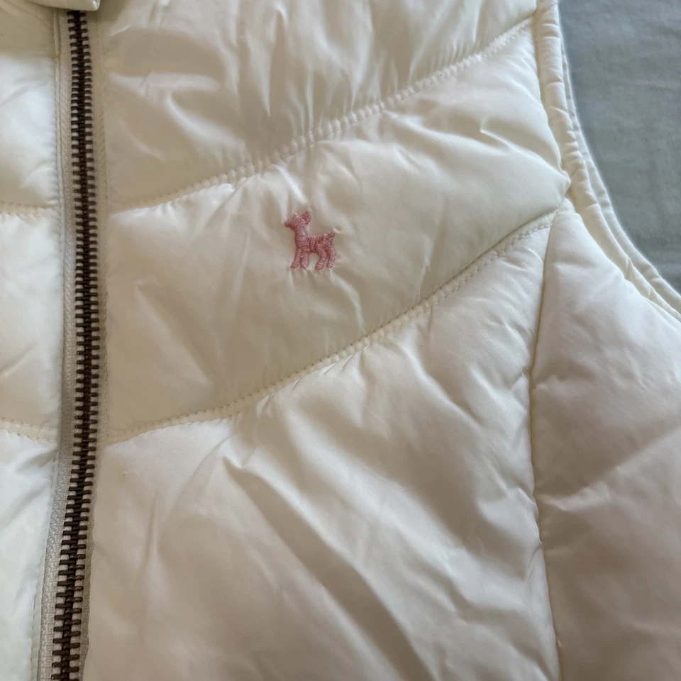 Old Navy Girls XL(14) White Puffer Vest, Fleece lined, zipper~pink deer on chest - Image 3 of 4
