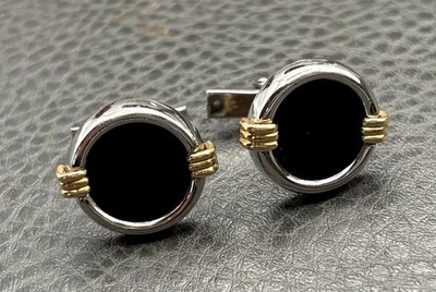 Vintage DOLAN BULLOCK Sterling Silver & 14K Mixed Metal Black Onyx Cufflinks