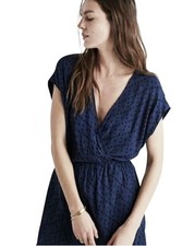 Madewell Dress Womens Medium Navy Blue Wrap Front Brushstroke Diamond Mini Flowy