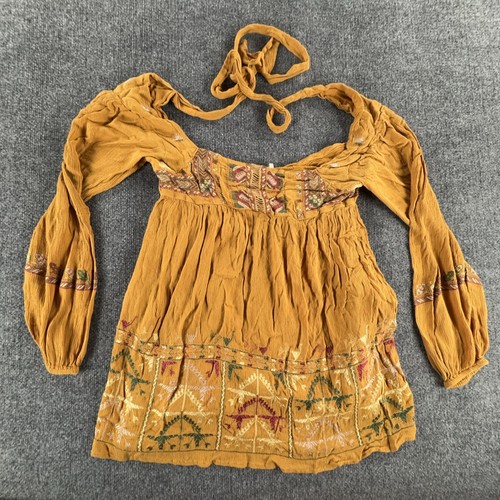 Free People Blouse Womens XS Mustard Yellow Embroidered Boho Peasant Tunic Top