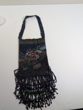 Antique Vintage Floral Beaded Purse with Handle and Fringe