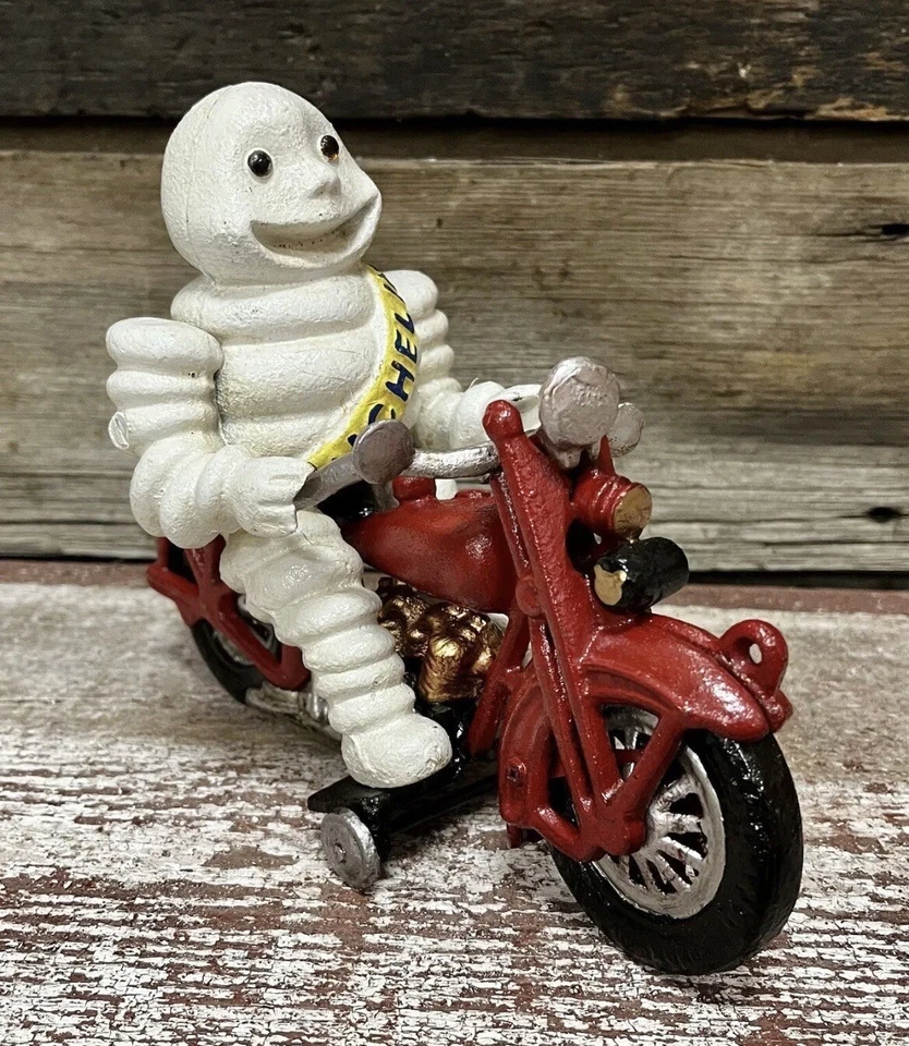 Juguete de hierro fundido Bibendum para motocicleta Michelin Man on Red, ruedas se mueven/hacen sonidos Foto 4 de 4