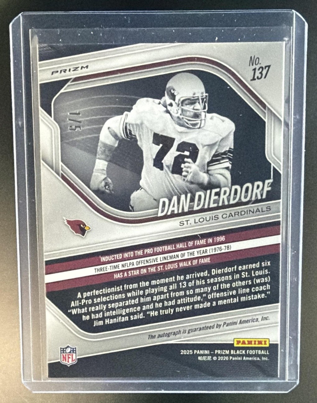 2025 Panini Football Prizm Black Dan Dierdorf Auto Gold Vinyl FOTL /5 #137 view 2