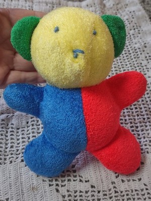 Vintage Eden Teddy Bear Plush Baby Rattle Toy Primary Colorblock Terry cloth 6''
