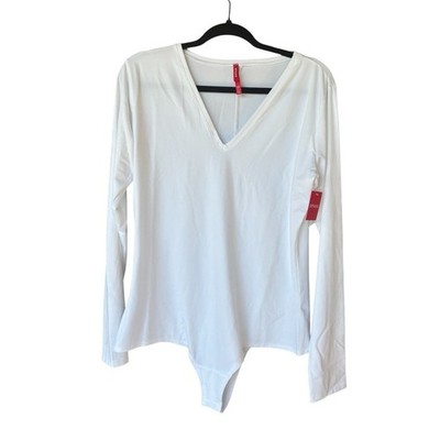 Spanx NWT Size 1X White Long Sleeve V-Neck Bodysuit Layering Minimalist Fall
