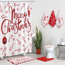 7 Pcs Christmas Bathroom Set Xmas Shower Curtain Decor Shower Curtain Non Sli...
