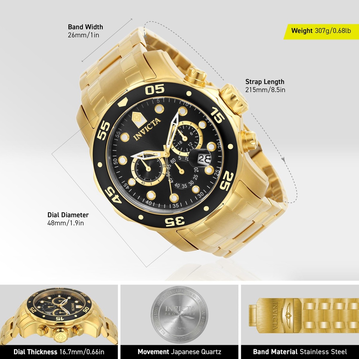 Invicta Men's 0072 Pro Diver Collection Chronograph 18k GoldPlated