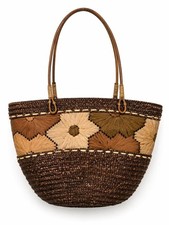 Unbranded Brown Woven Straw Tote Bag Floral Boho Purse Natural