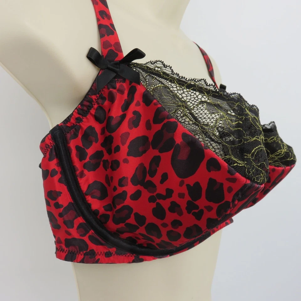 Cacique 42DD Black Red Leopard Animal Print Gold Lace Bow Underwire Bra Sexy - Image 2 of 4