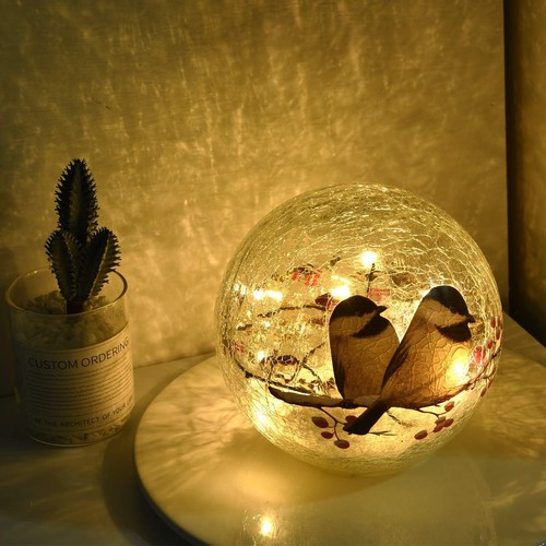 Glass Ball Light Birds Pattern Crackle Warm White Night Lamp for Bedroom Livi... - Picture 2 of 8