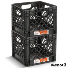 Juggernaut Storage 16QT Plastic Heavy-Duty Plastic Square Milk Crate Black, 2PK