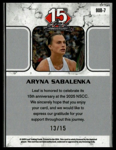2025 Leaf 15th Anniversary #90B-7 Aryna Sabalenka 1990 Base Lazer Silver #/15 - Picture 2 of 2