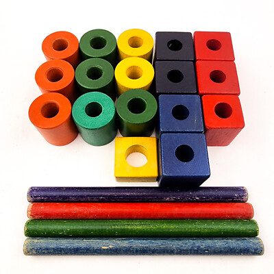 Vintage Wooden Colored Blocks & Rods Stacking Wagon Lot of 21 Replacement Parts