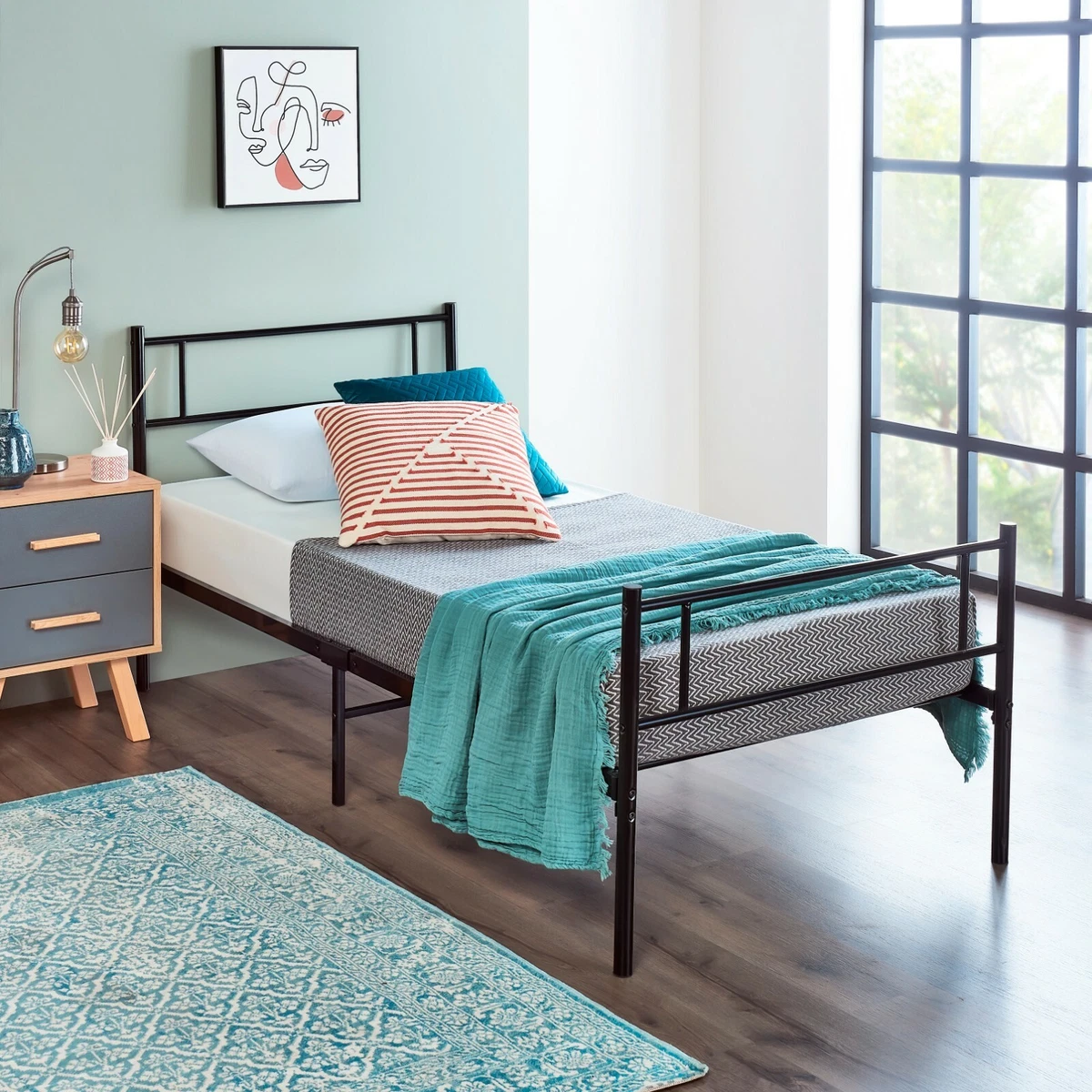 Single Bed Frame Black Metal For Adults Kids Teenagers Standard