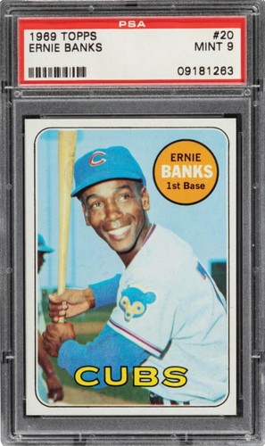 1969 Topps Baseball Cards #20 Ernie Banks HOF Chicago Cubs PSA 9 Mint