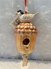 Vintage Ceramic Bird on Birdhouse and Dangle Leaf Clapper Ornament 4  Gold Mica