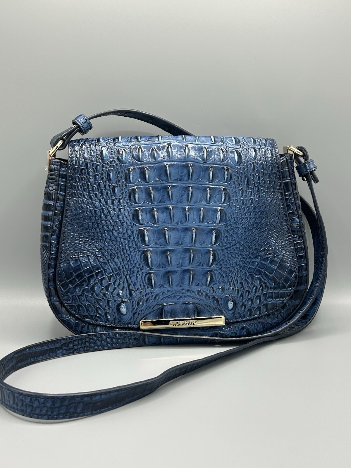 Brahmin blue crocodile embossed leather saddle bag