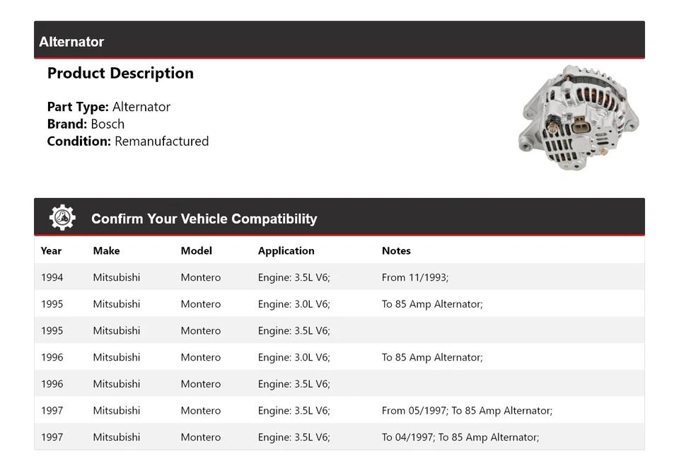 适用于 1994 - 1997 三菱 Montero Bosch 交流发电机(重新制造)1995 1996 — 第 2/4 张图片