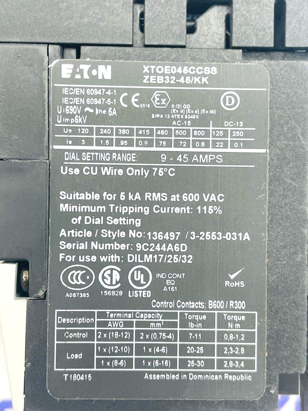 EATON ZEB32-45/KK Overload Relay XTOE045CCSS 136497