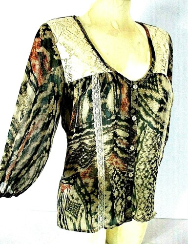 Love Squared womens 3/4 sleeve black ivory tan LACE accents HI LO sheer top J)pm - 第 1/12 張圖片