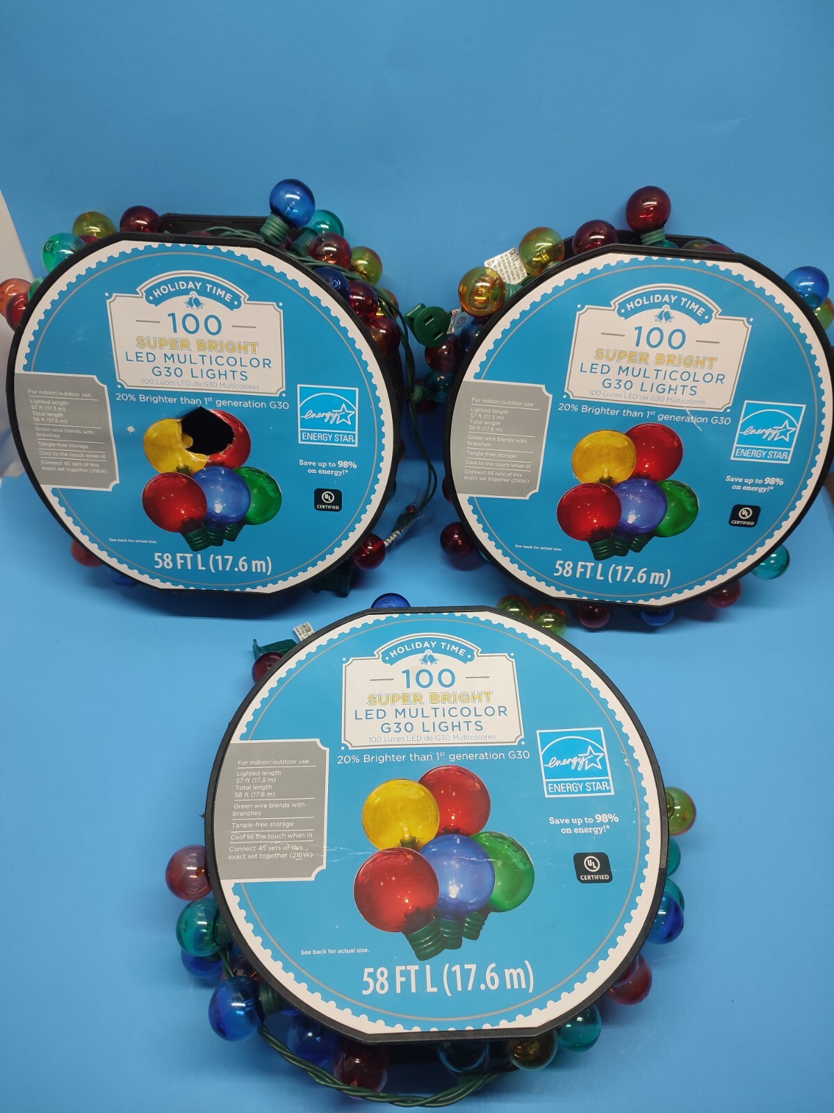 Lot Of 3 Holiday Time 58ft, 100 Count Multicolor LED Bright G30