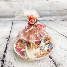 Vtg Hong Sheng Blue Gold Pink Floral miniature Teacup Saucer Candle gift set