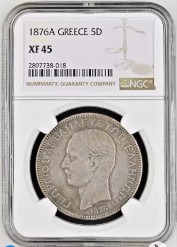 1876-A GREECE 5 Drachmai Silver Coin 2nd Portrait Paris Mint George I NGC XF-45