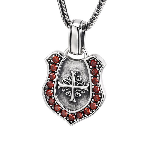 S925 Silver SHIELD CROSS Pendant RED GEMSTONES Engravable Back Gothic Knight 11g - Picture 5 of 10