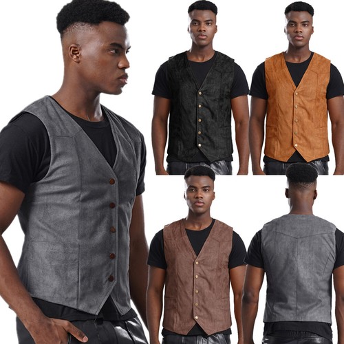 Men's Vest Corduroy Formal Suit Hippie Jacket Cowhide Waistcoat Sleeveless - Picture 5 of 66