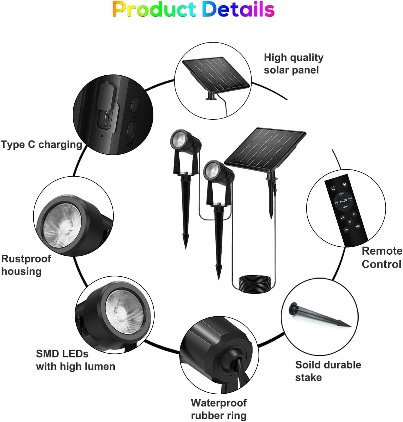 Solar Spotlights Outdoor Solar Landscape Lights with Remote Control RGBW Colo...