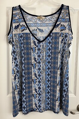 LAVISH - Blue Floral Cap Sleeve Cold Shoulder V-Neck Poly Blend Knit Top size 2X