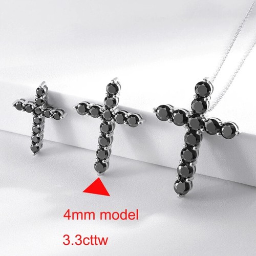 3-5mm Black Moissanite Cross Pendant Necklace S925 Silver 18K White Gold Plated - Picture 15 of 16