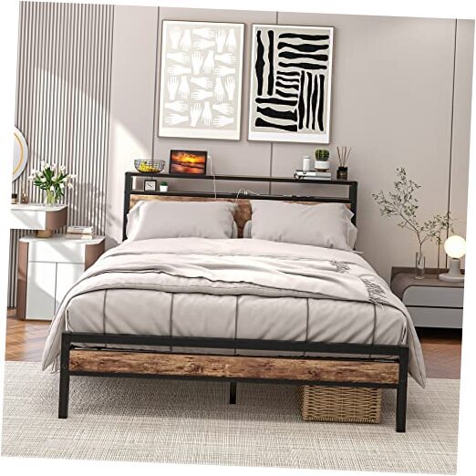 Queen Bed Frame with Storage Headboard,Heavy Duty Metal Platform Bed Frame
