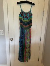 Hale Bob Turquoise Print Silk golden chain Maxi Dress SZ M 428