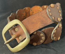 Vintage 1970s Leather Round Disc Belt Boho Hippie Brass Buckle