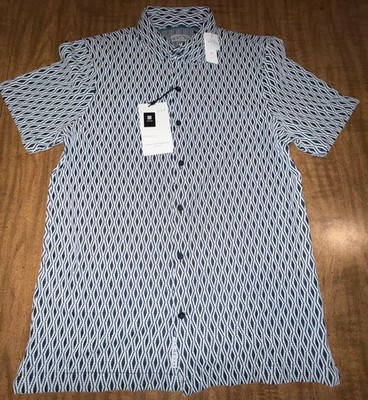 Ike Behar Short Sleeve Polo Button Up Shirt Men Texture Medium Black/White