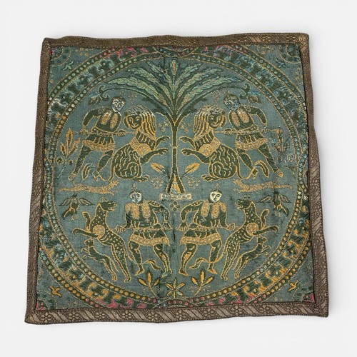 Antique Tapestry Asian Hunters Warriors Dragon Animal 11”x11” Early 1900s