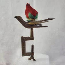 Antique Victorian Brass Sewing Song Bird Clamp & Strawberry Pin Cushion