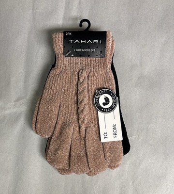 New Tahari Gloves 2 Pairs Set Women s Pink & Black Knit Casual Winter Preppy