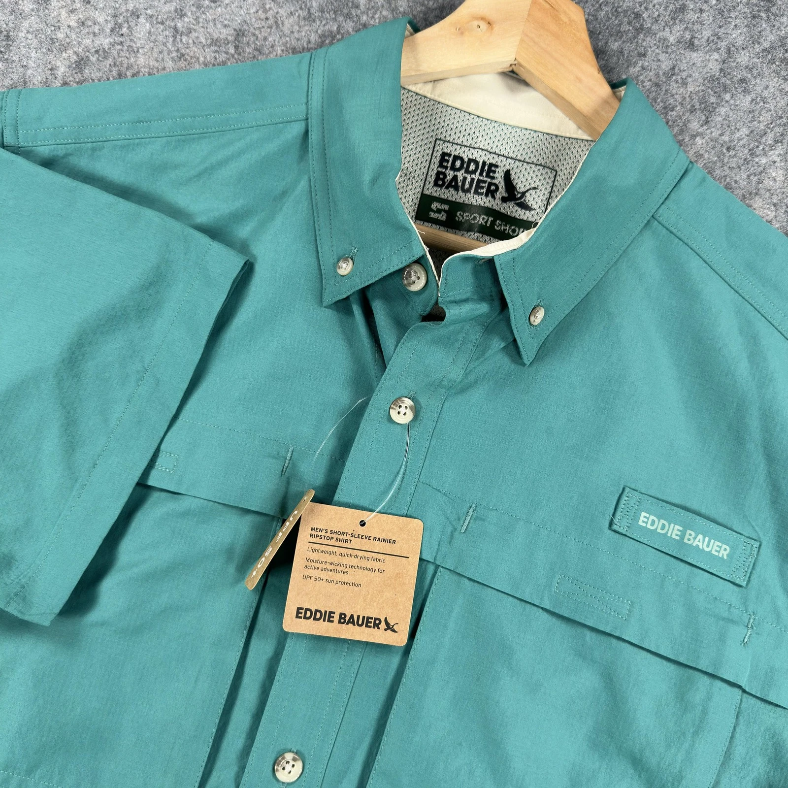 Eddie Bauer Rainier Ripstop Shirt Mens Medium Green Short Sleeve Fishing UPF 50+