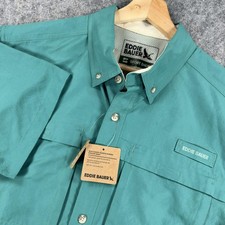 Eddie Bauer Rainier Ripstop Shirt Mens Medium Green Short Sleeve Fishing UPF 50 