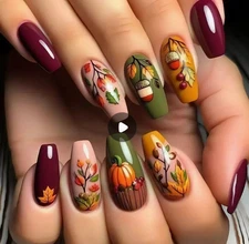 Autumn 24 Pcs Press-on Nails Long Coffin Fall Colors Pumpkins Leaves Acorns