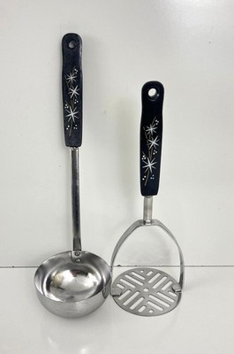 Ekco Black Atomic Starburst Potato Masher + Ladle   Utensils MCM Vintage USA